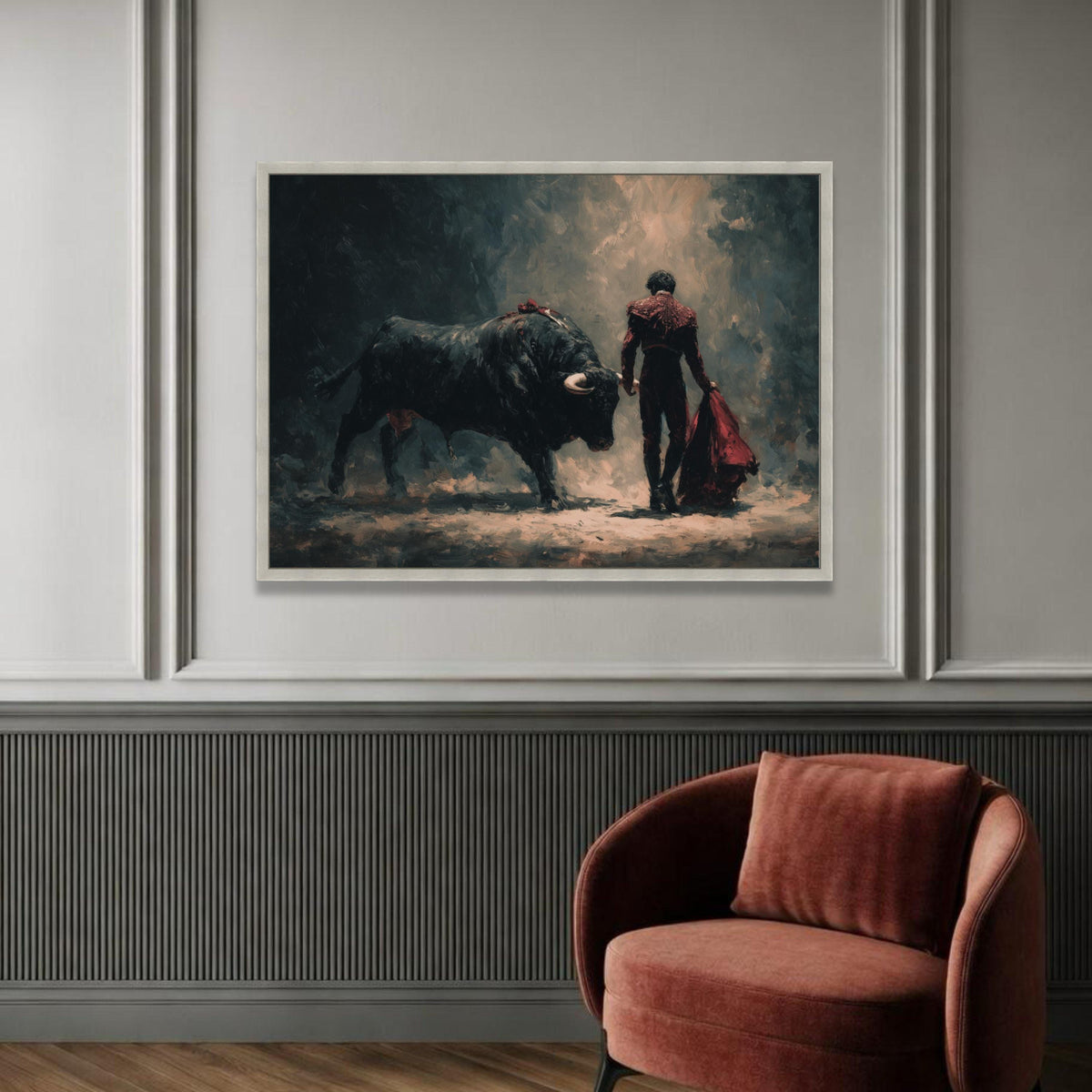 Bullfighter with Red Cape Canvas, Dramatic Bullfighting Scene, Spanish Matador Wall Art, Dark Abstract Canvas, Bold Home Luxury Home Decor