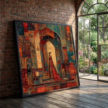 Elegant Woman Traditional Dress, Ornate Archway Canvas, Vintage Style Wall Art, Colorful Patterned Home Decor, Cultural Luxury Home Decor