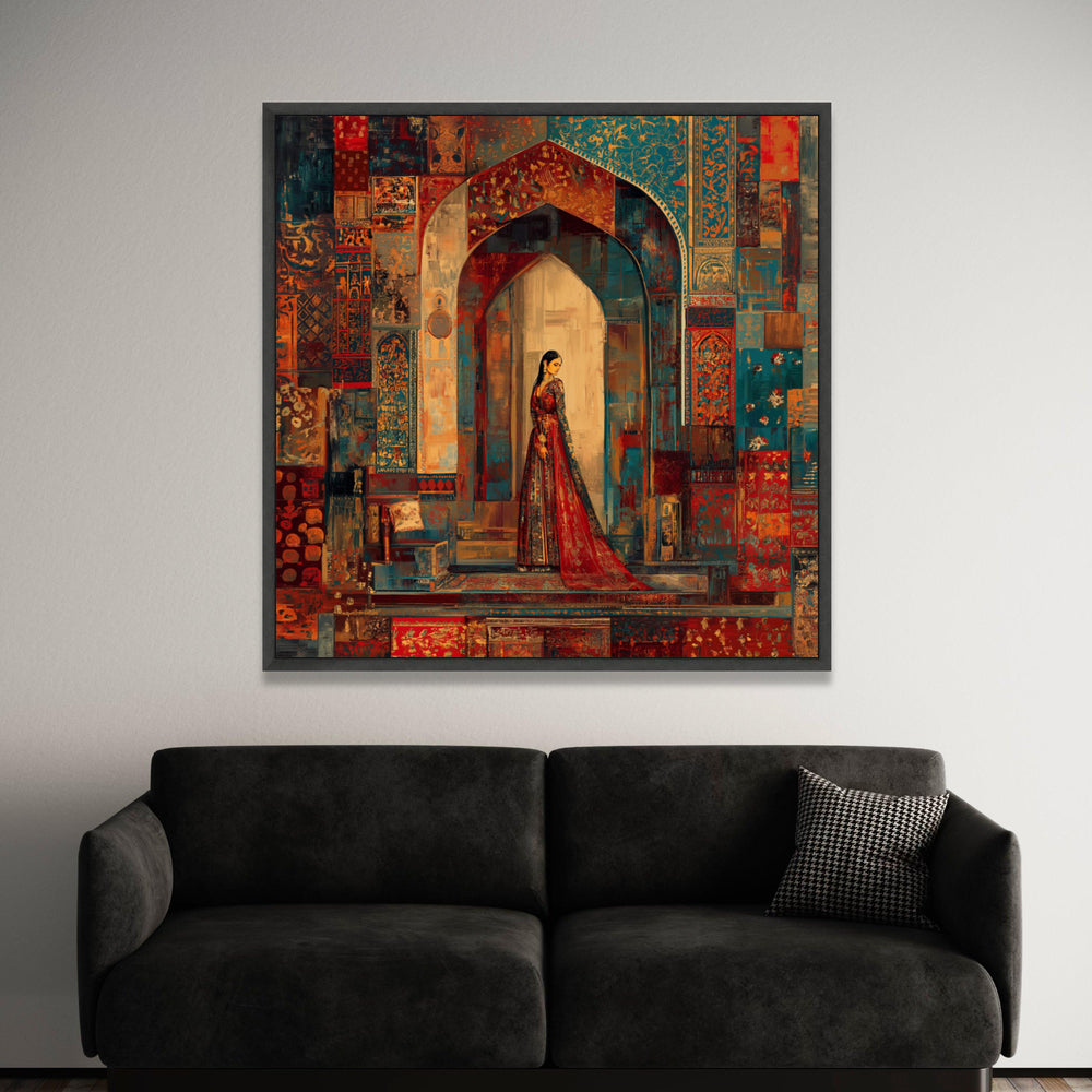 Elegant Woman Traditional Dress, Ornate Archway Canvas, Vintage Style Wall Art, Colorful Patterned Home Decor, Cultural Luxury Home Decor