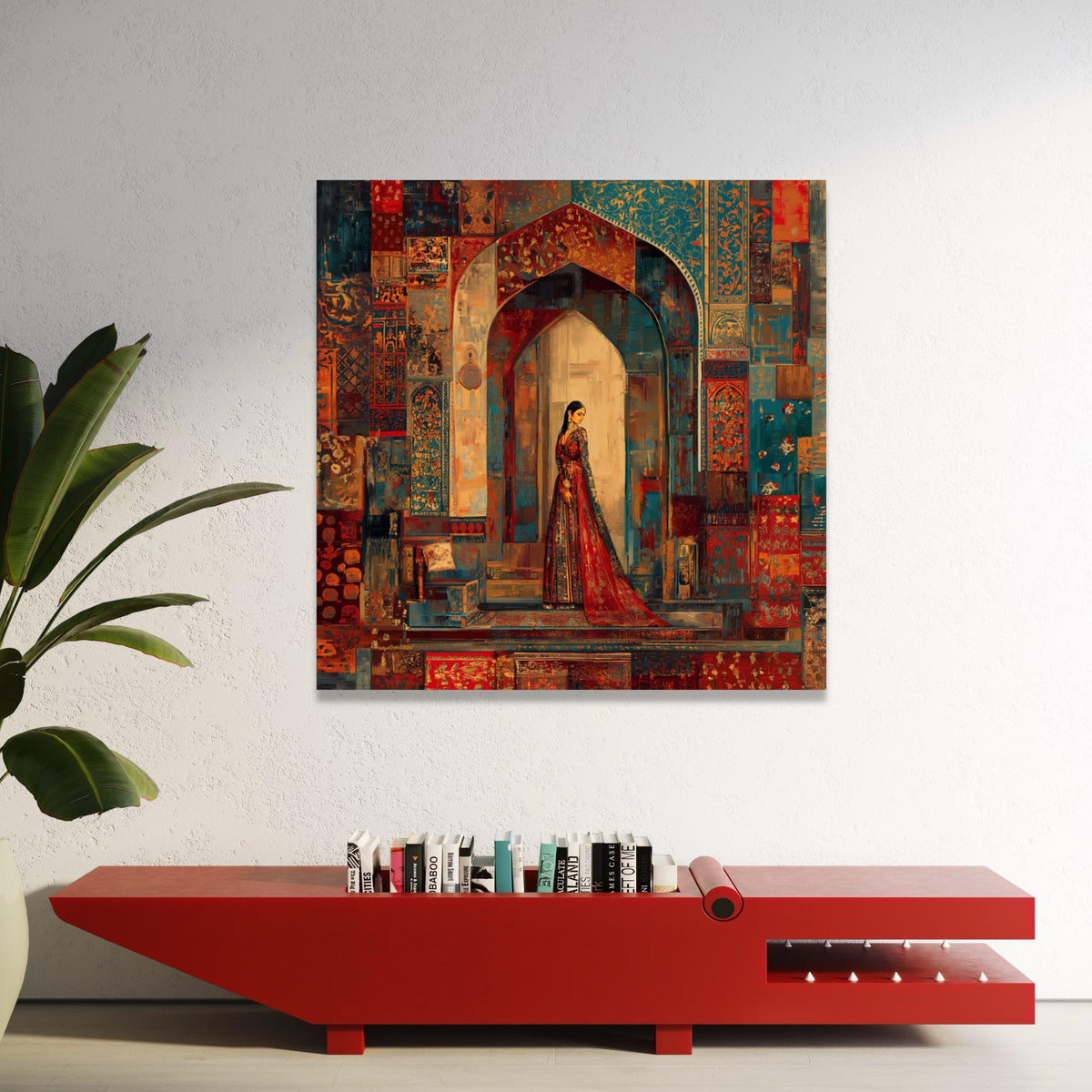Elegant Woman Traditional Dress, Ornate Archway Canvas, Vintage Style Wall Art, Colorful Patterned Home Decor, Cultural Luxury Home Decor