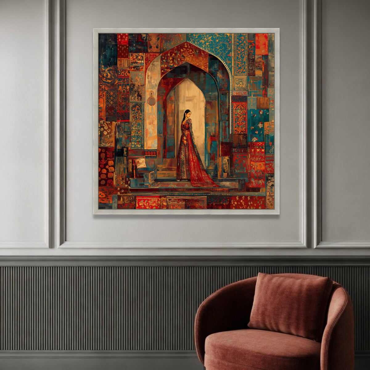 Elegant Woman Traditional Dress, Ornate Archway Canvas, Vintage Style Wall Art, Colorful Patterned Home Decor, Cultural Luxury Home Decor
