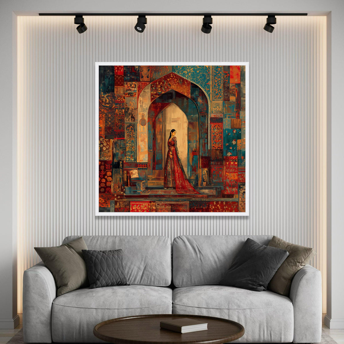 Elegant Woman Traditional Dress, Ornate Archway Canvas, Vintage Style Wall Art, Colorful Patterned Home Decor, Cultural Luxury Home Decor