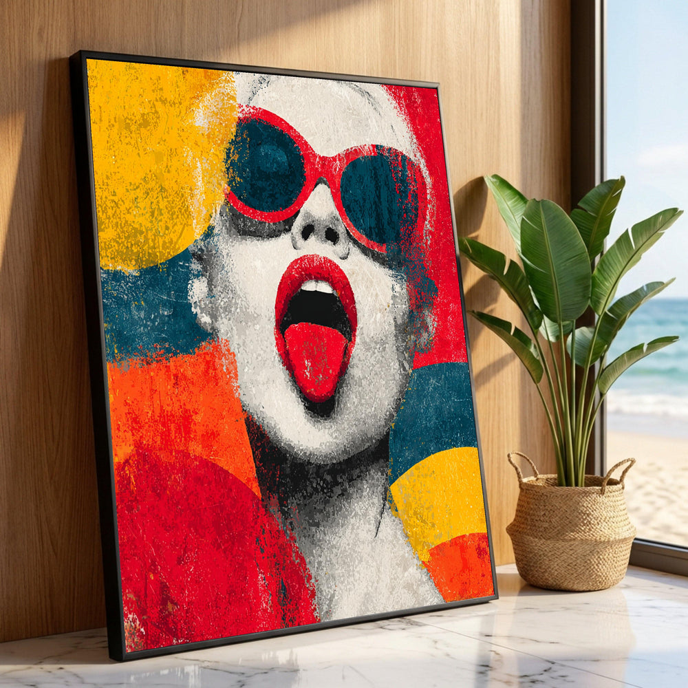 Bold Retro Pop Art Portrait, Woman with Red Sunglasses Canvas, Modern Fashion Face Wall Art, Colorful Urban Style Luxury Home Decor