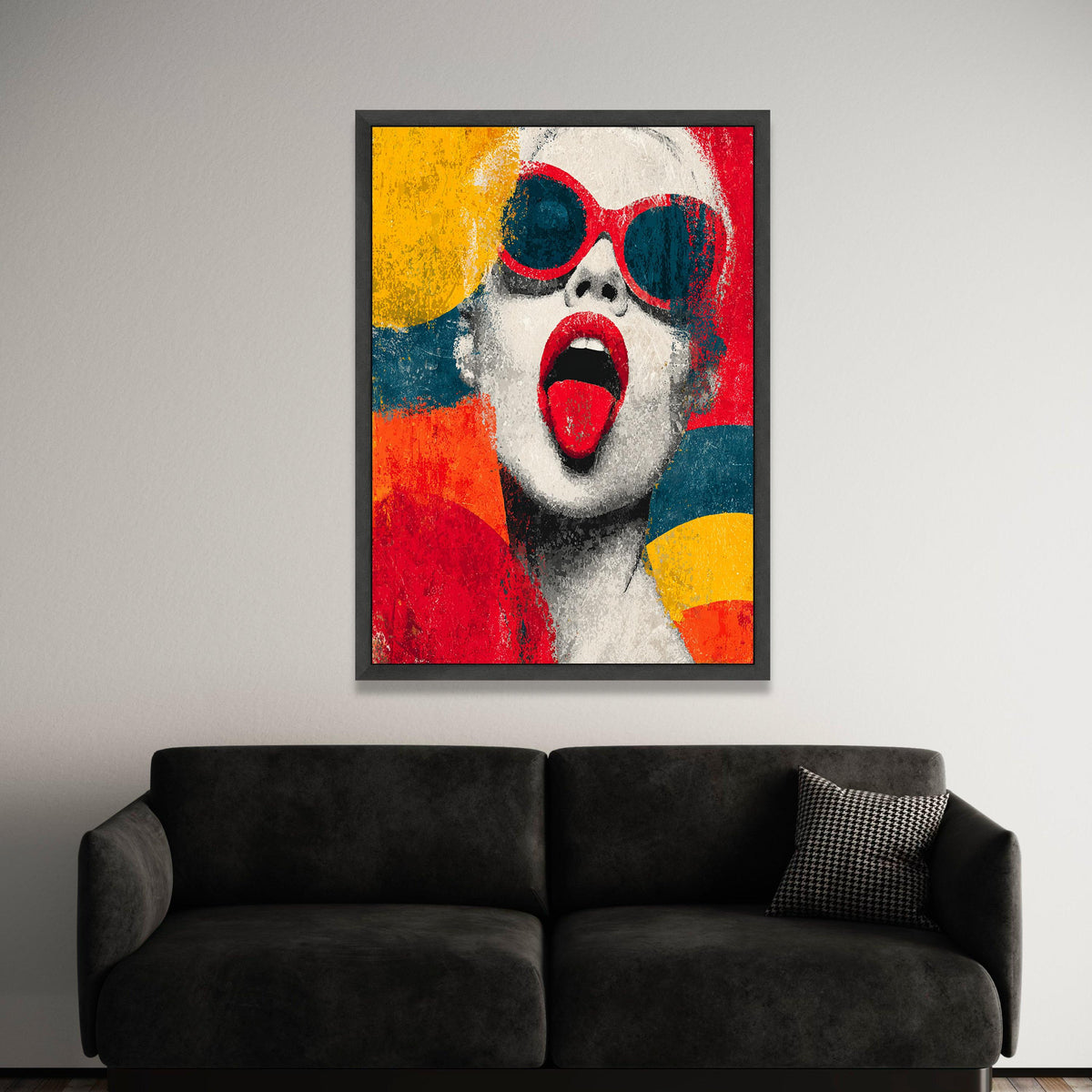 Bold Retro Pop Art Portrait, Woman with Red Sunglasses Canvas, Modern Fashion Face Wall Art, Colorful Urban Style Luxury Home Decor