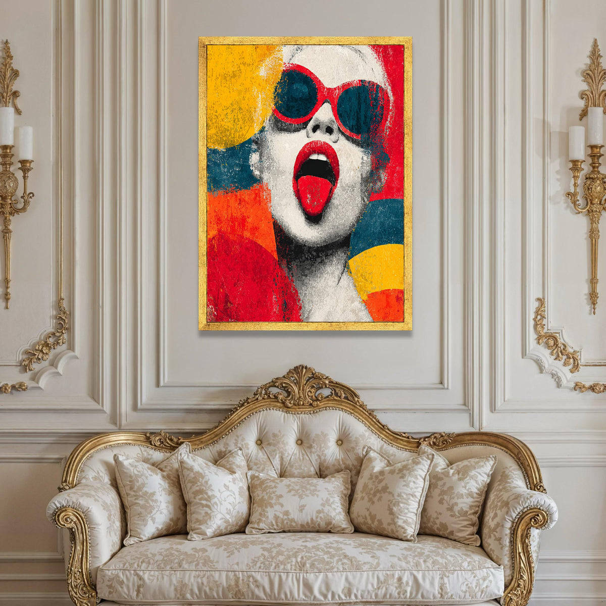 Bold Retro Pop Art Portrait, Woman with Red Sunglasses Canvas, Modern Fashion Face Wall Art, Colorful Urban Style Luxury Home Decor