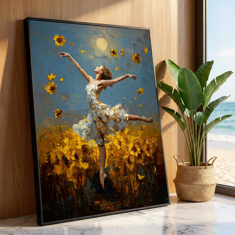 Graceful Ballet Dancer Canvas, Sunflower Field Wall Art, Elegant Dance Pose Canvas, Yellow Floral Home Decor, Romantic Luxury Home Decor