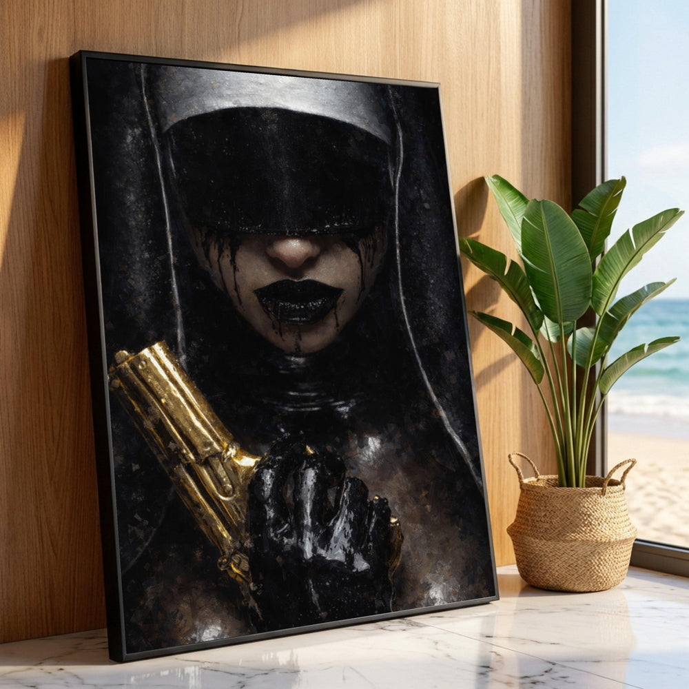 Dark Futuristic Nun Canvas Wall Art, Gothic Woman with Gold Gun, Mysterious Portrait Canvas, Moody Black and Gold Wall Luxury Home Decor