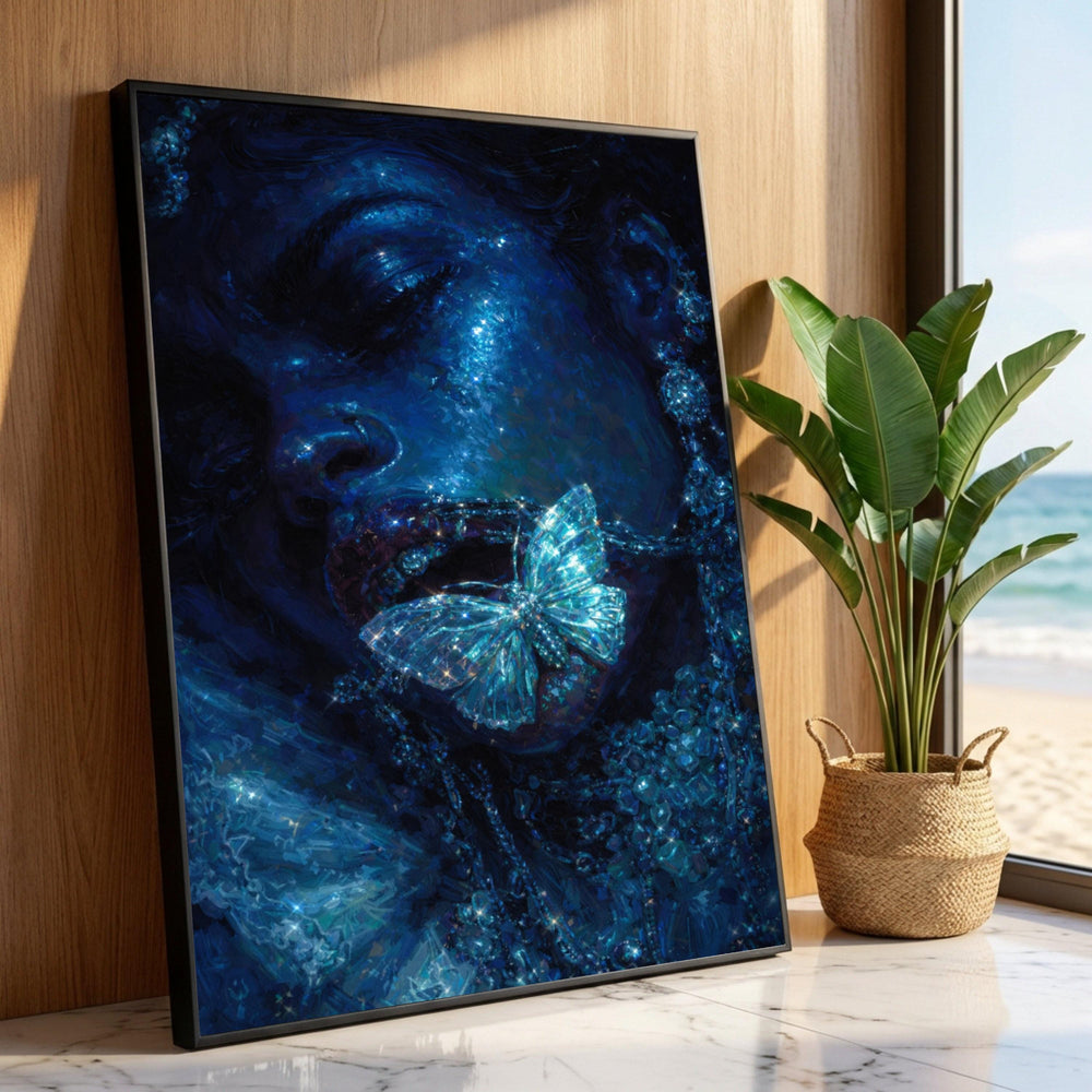Mystical Blue Portrait Canvas, Glittering Butterfly Necklace, Shimmering Face Art, Modern Glamour Wall Decor, Luxury Home Luxury Home Decor