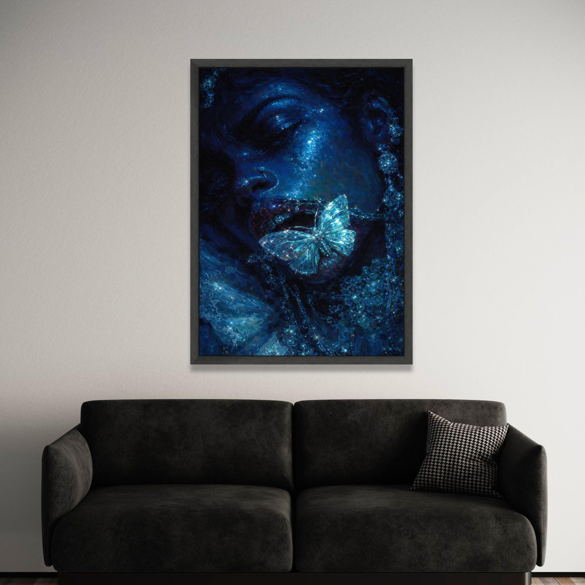 Mystical Blue Portrait Canvas, Glittering Butterfly Necklace, Shimmering Face Art, Modern Glamour Wall Decor, Luxury Home Luxury Home Decor