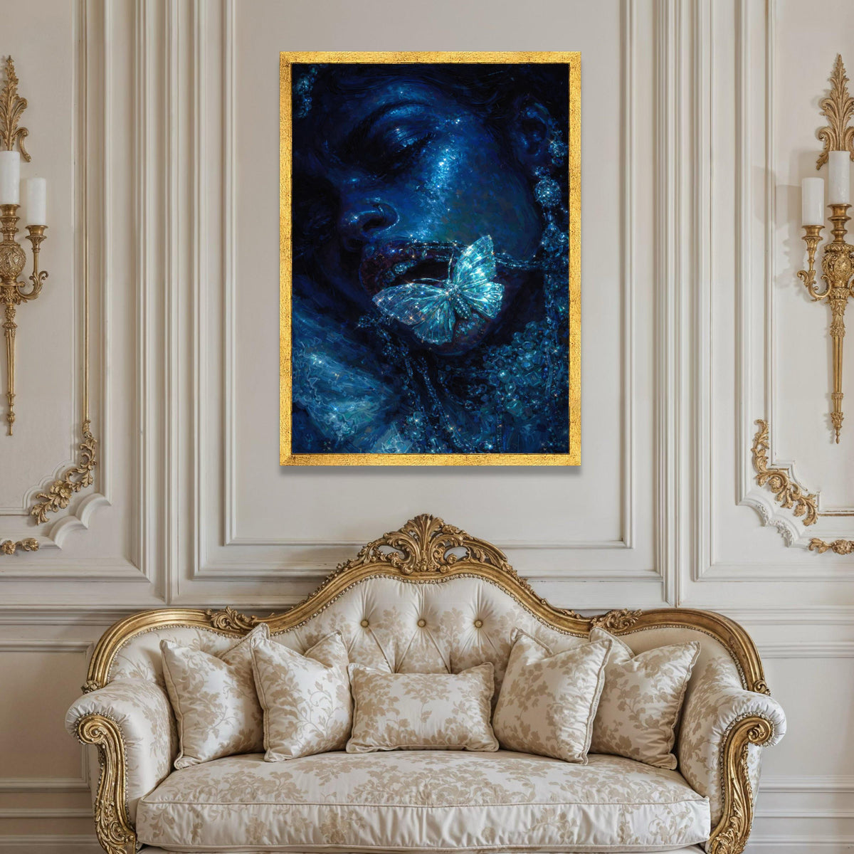 Mystical Blue Portrait Canvas, Glittering Butterfly Necklace, Shimmering Face Art, Modern Glamour Wall Decor, Luxury Home Luxury Home Decor