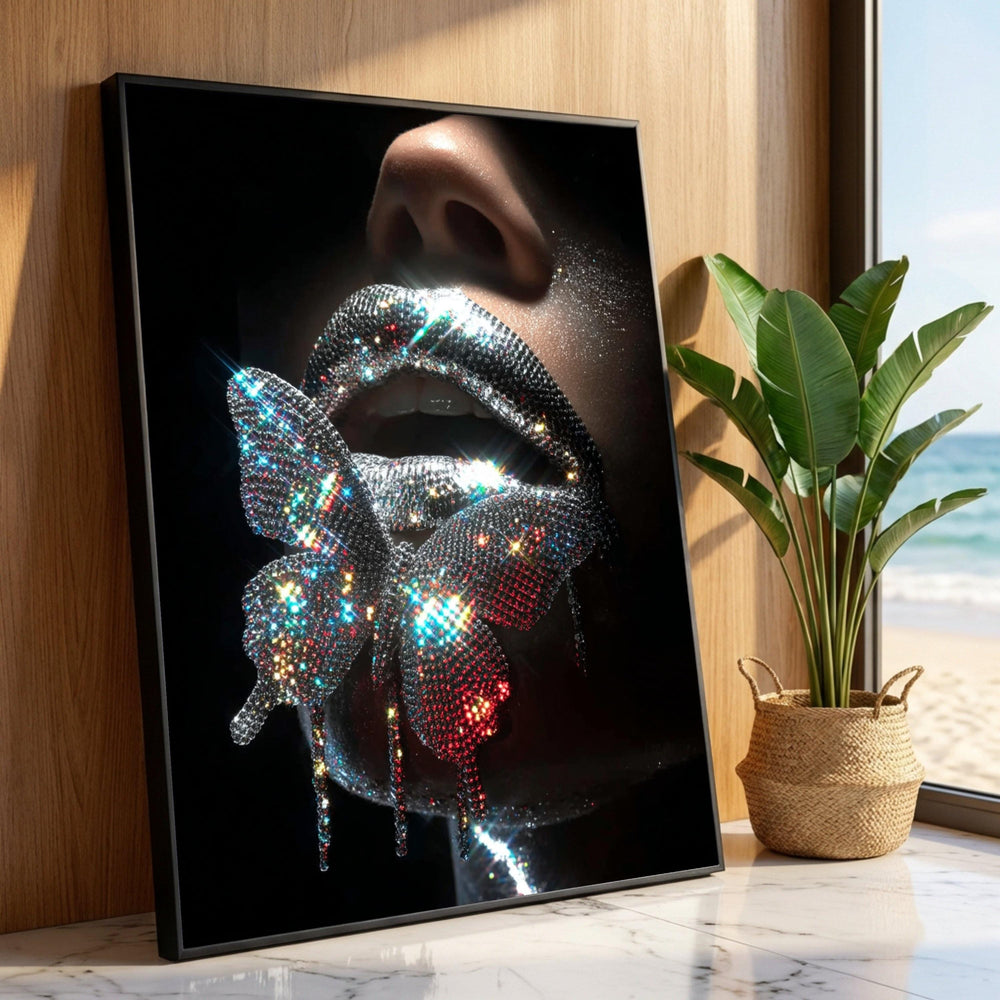 Sparkling Butterfly Lips Canvas Wall Art, Glamorous Glitter Lip Art, Dazzling Fashion Portrait, Modern Decorative Canvas, Luxury Home Decor