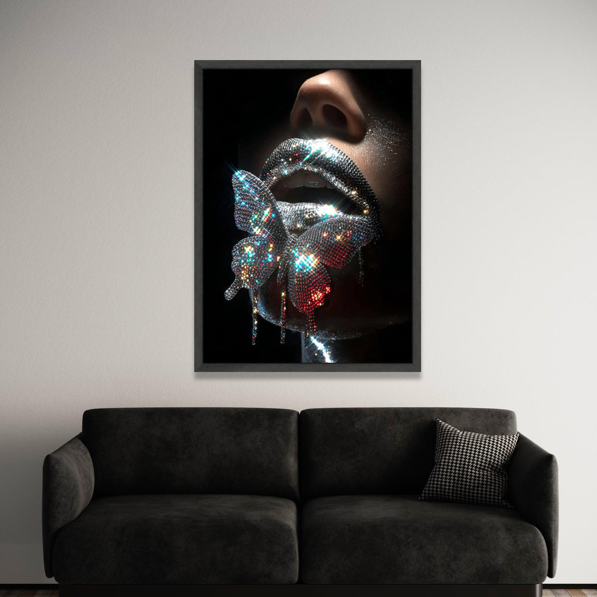 Sparkling Butterfly Lips Canvas Wall Art, Glamorous Glitter Lip Art, Dazzling Fashion Portrait, Modern Decorative Canvas, Luxury Home Decor