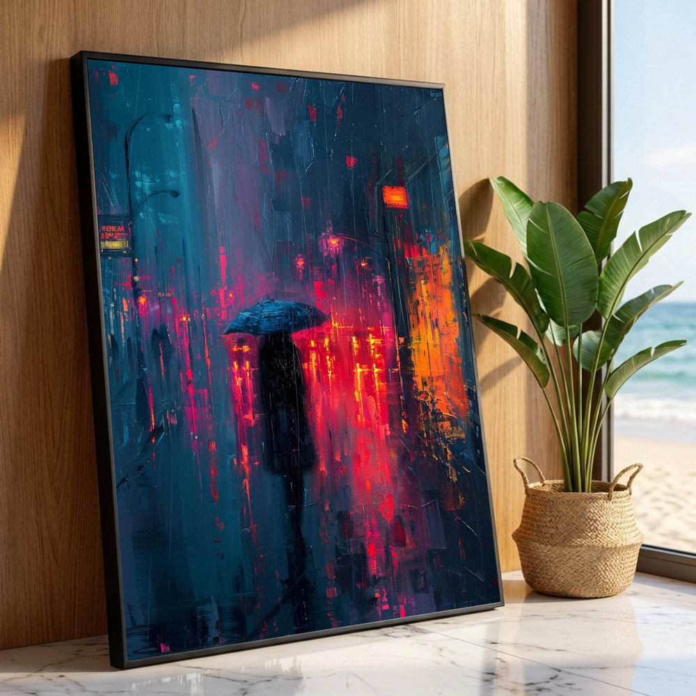 Rainy City Nightscape Canvas, Urban Street Scene, Abstract Neon Lights Wall Art, Modern City Canvas, Moody Umbrella Luxury Home Decor