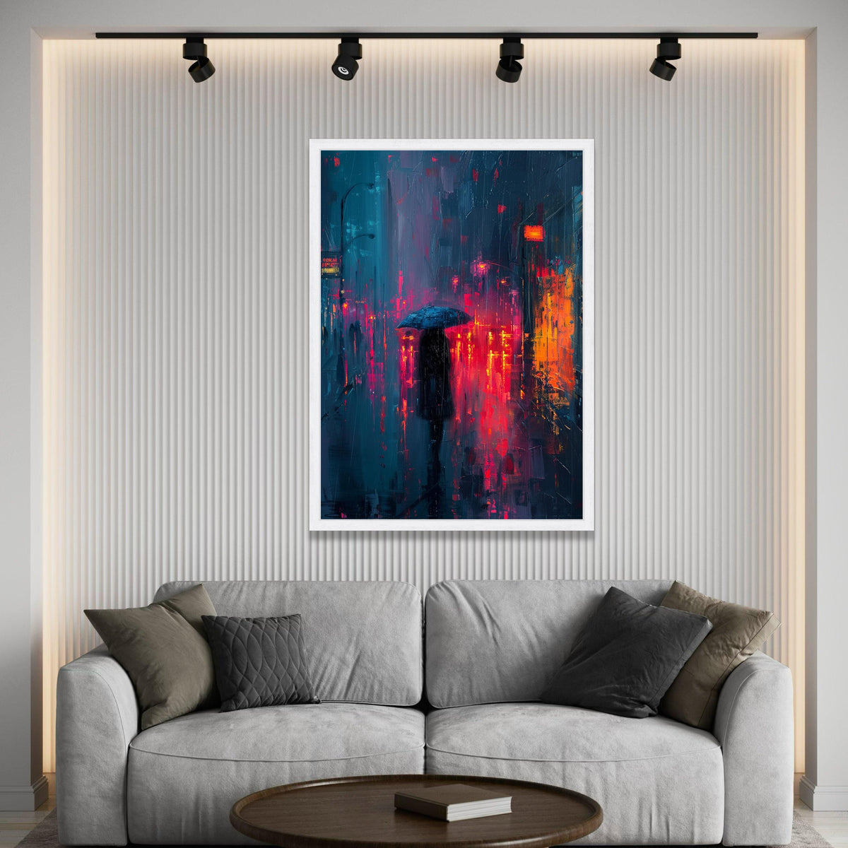 Rainy City Nightscape Canvas, Urban Street Scene, Abstract Neon Lights Wall Art, Modern City Canvas, Moody Umbrella Luxury Home Decor