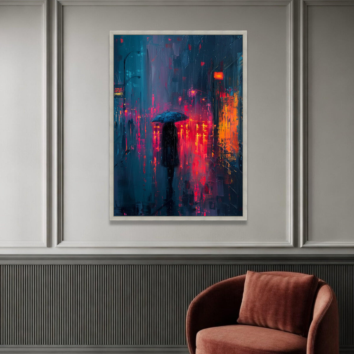 Rainy City Nightscape Canvas, Urban Street Scene, Abstract Neon Lights Wall Art, Modern City Canvas, Moody Umbrella Luxury Home Decor