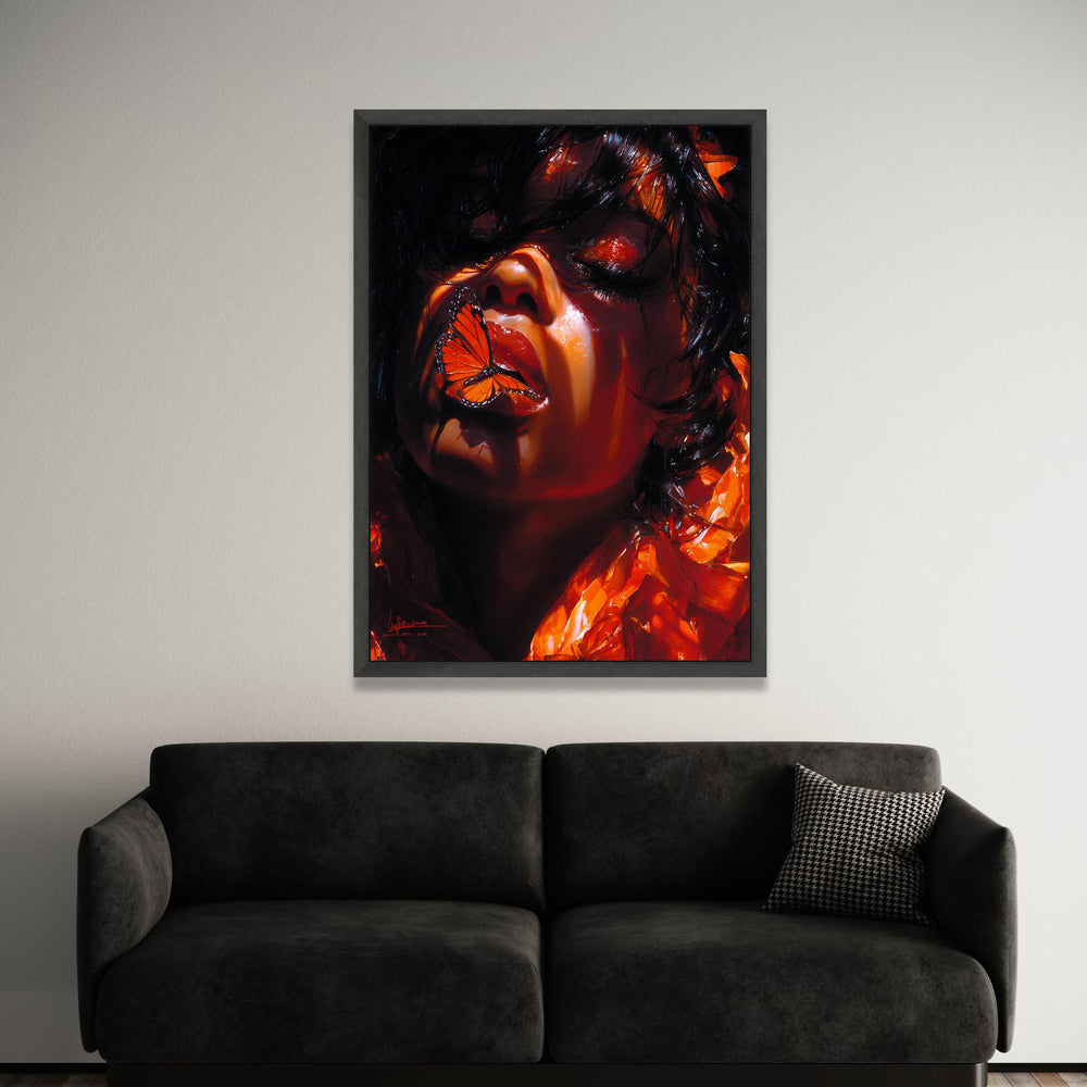 Captivating Woman with Orange Butterfly, Dramatic Portrait Canvas, Surreal Face Art, Vibrant Home Decoration, Modern Wall Luxury Home Decor