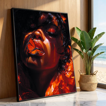 Captivating Woman with Orange Butterfly, Dramatic Portrait Canvas, Surreal Face Art, Vibrant Home Decoration, Modern Wall Luxury Home Decor