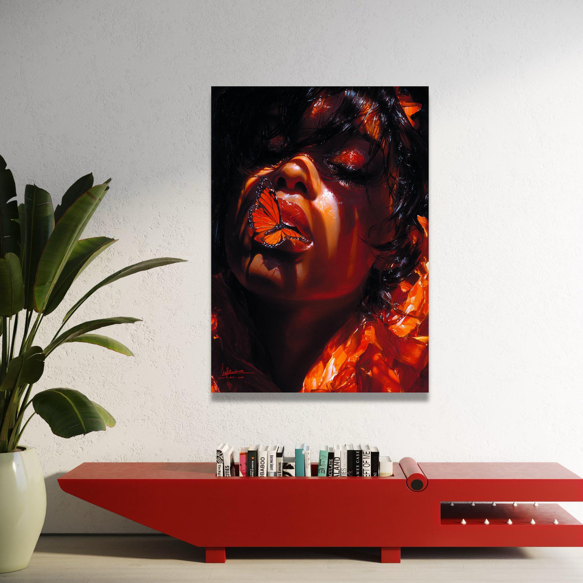 Captivating Woman with Orange Butterfly, Dramatic Portrait Canvas, Surreal Face Art, Vibrant Home Decoration, Modern Wall Luxury Home Decor