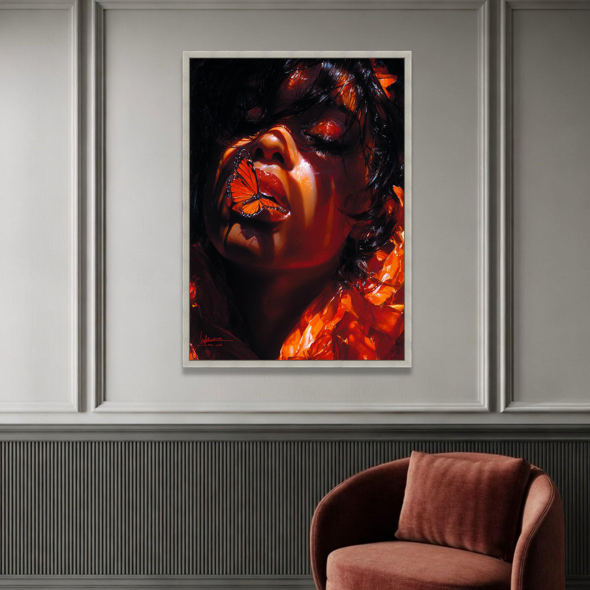 Captivating Woman with Orange Butterfly, Dramatic Portrait Canvas, Surreal Face Art, Vibrant Home Decoration, Modern Wall Luxury Home Decor