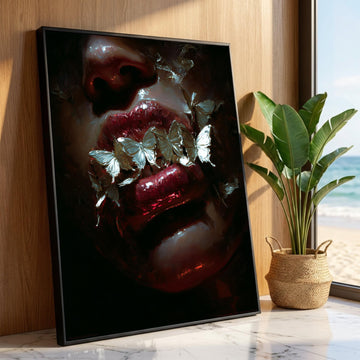 Dark Surreal Lips with White Butterflies Canvas, Moody Face Close-Up Wall Art, Gothic Home Decoration, Dramatic Artistic Luxury Home Decor