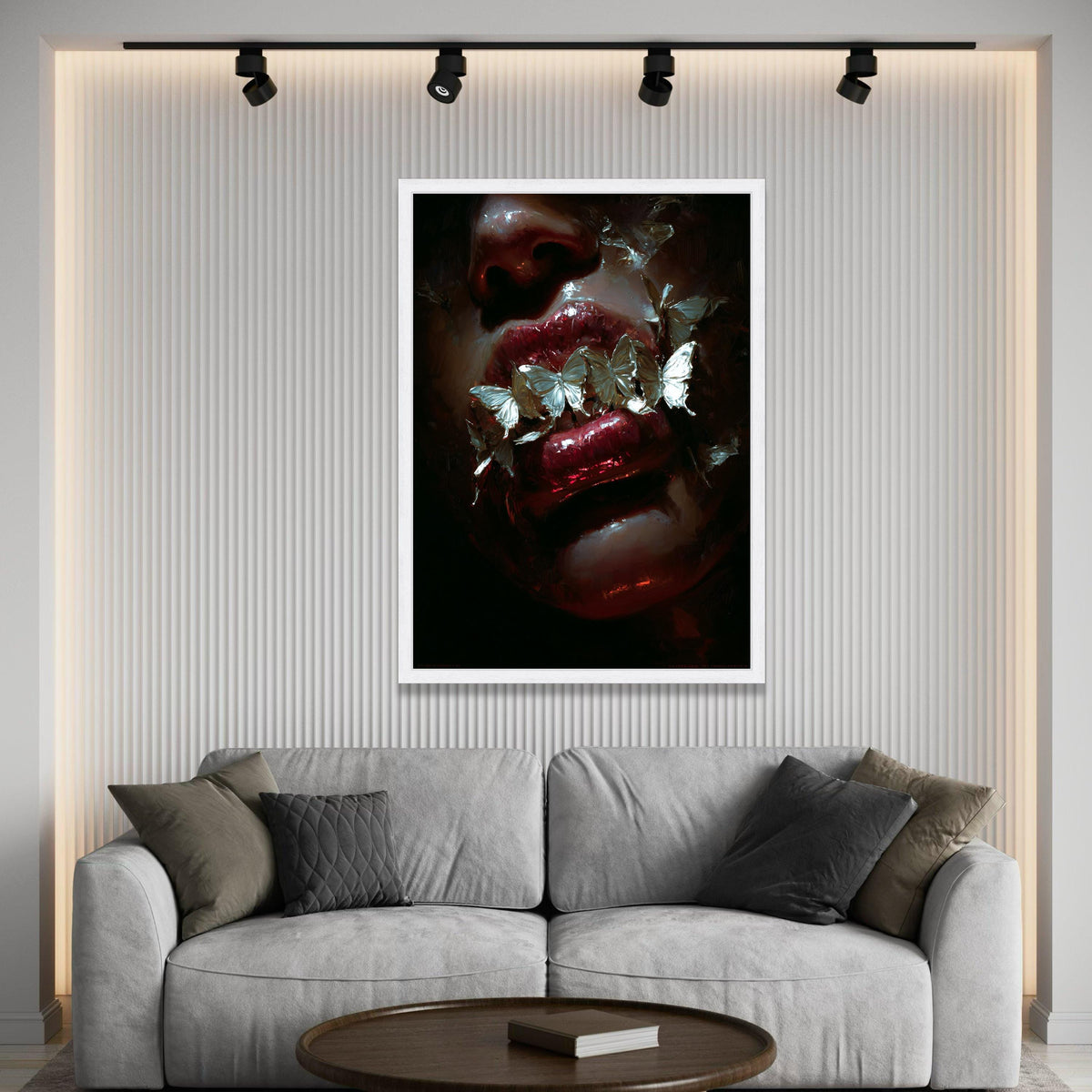 Dark Surreal Lips with White Butterflies Canvas, Moody Face Close-Up Wall Art, Gothic Home Decoration, Dramatic Artistic Luxury Home Decor