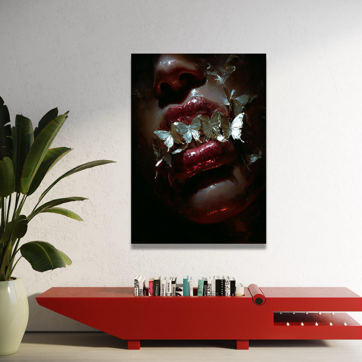 Dark Surreal Lips with White Butterflies Canvas, Moody Face Close-Up Wall Art, Gothic Home Decoration, Dramatic Artistic Luxury Home Decor