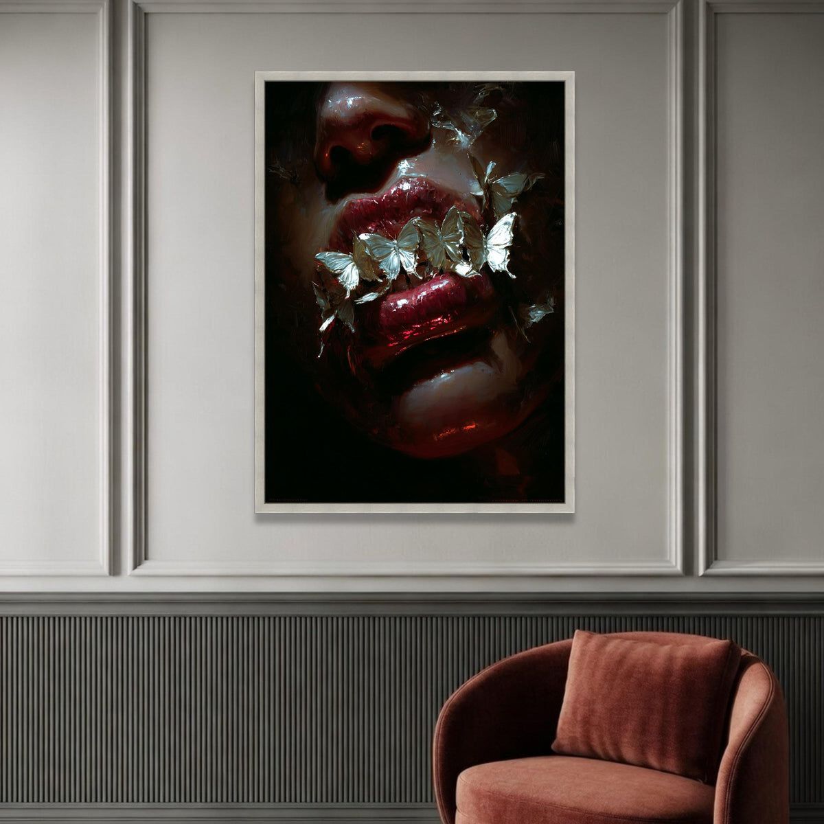 Dark Surreal Lips with White Butterflies Canvas, Moody Face Close-Up Wall Art, Gothic Home Decoration, Dramatic Artistic Luxury Home Decor
