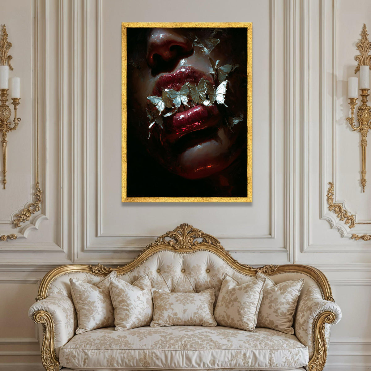 Dark Surreal Lips with White Butterflies Canvas, Moody Face Close-Up Wall Art, Gothic Home Decoration, Dramatic Artistic Luxury Home Decor