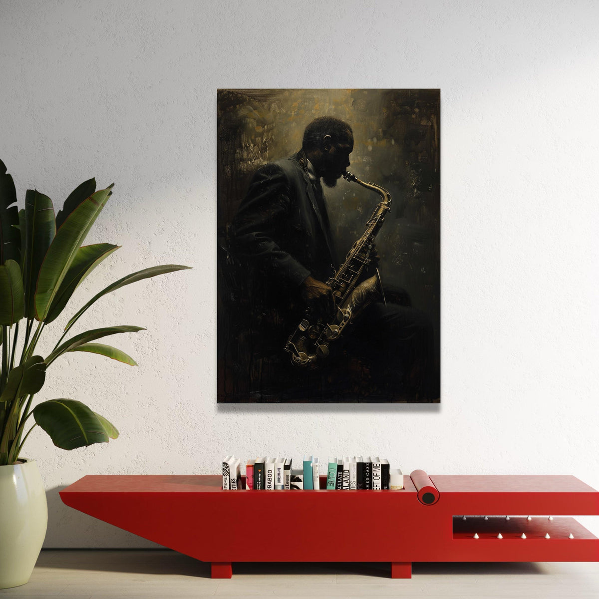 Jazz Musician Playing Saxophone Canvas, Moody Lighting Wall Art, Musical Instrument Portrait, Vintage Style Home Decor, Luxury Home Decor