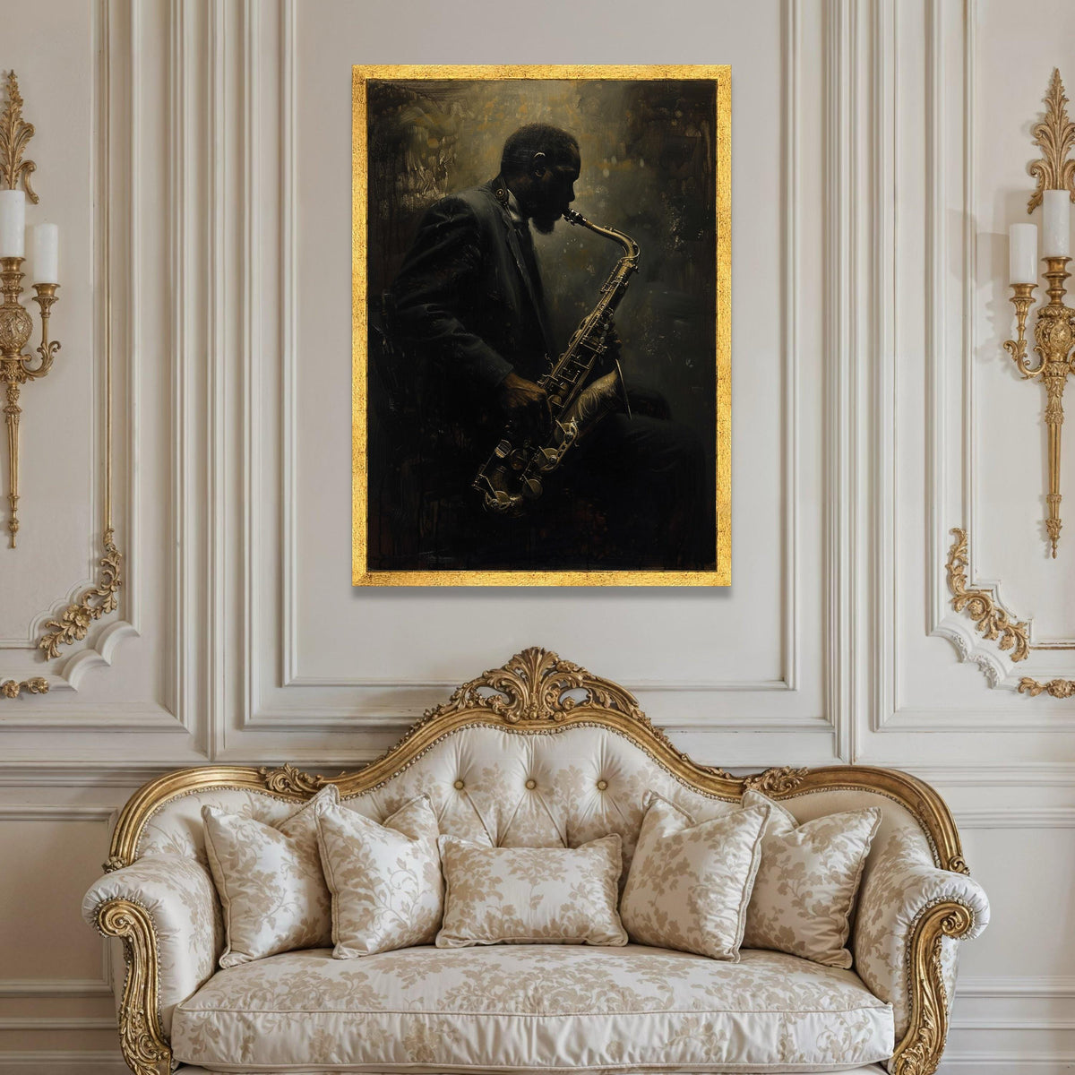 Jazz Musician Playing Saxophone Canvas, Moody Lighting Wall Art, Musical Instrument Portrait, Vintage Style Home Decor, Luxury Home Decor