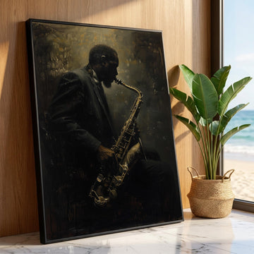 Jazz Musician Playing Saxophone Canvas, Moody Lighting Wall Art, Musical Instrument Portrait, Vintage Style Home Decor, Luxury Home Decor