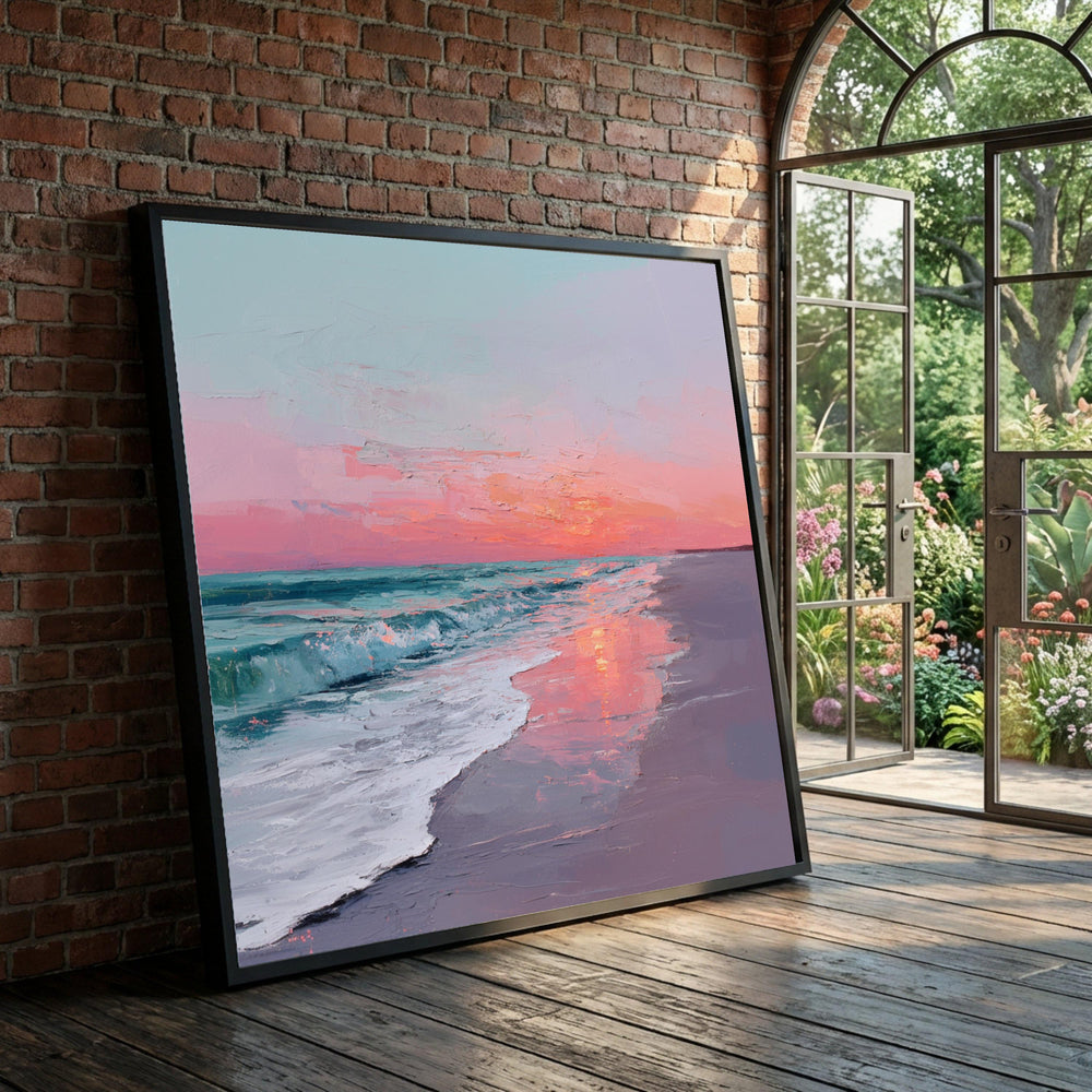 Tranquil Sunset Beach Scene Canvas, Ocean Waves Wall Art, Coastal Landscape Painting, Pastel Sky Reflection Canvas, Luxury Home Decor