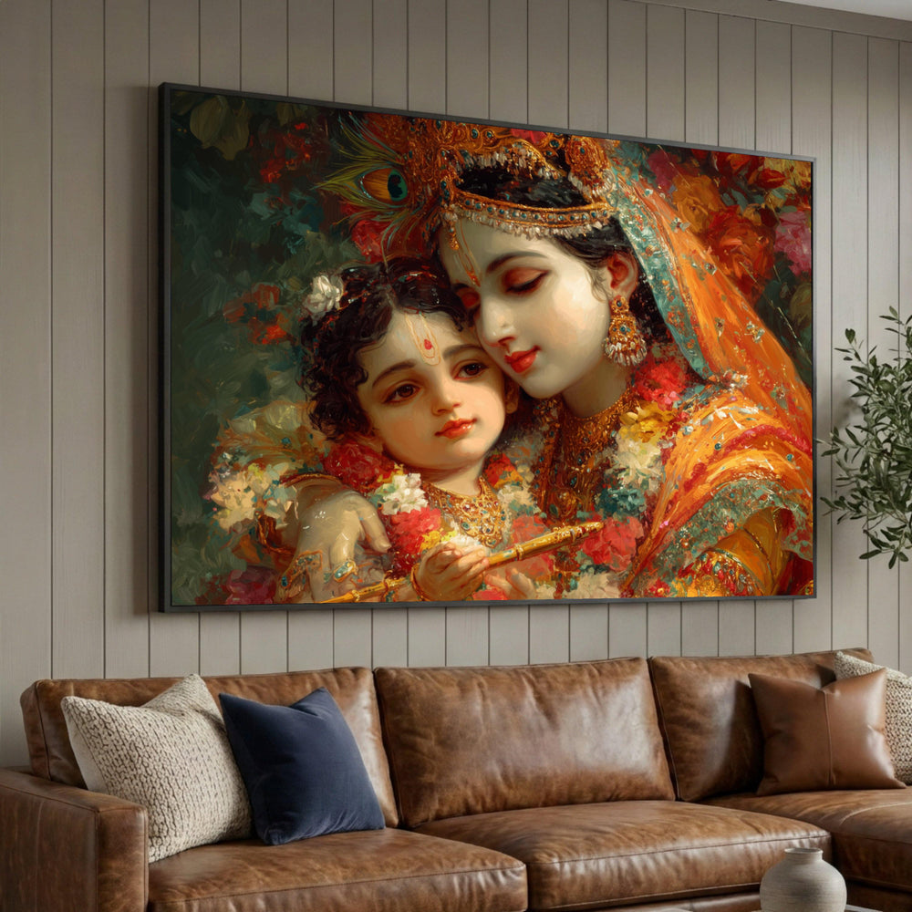 Divine Mother and Child Embrace Canvas, Indian Traditional Art, Spiritual Wall Decor, Colorful Ethnic Canvas, Home Luxury Home Decor