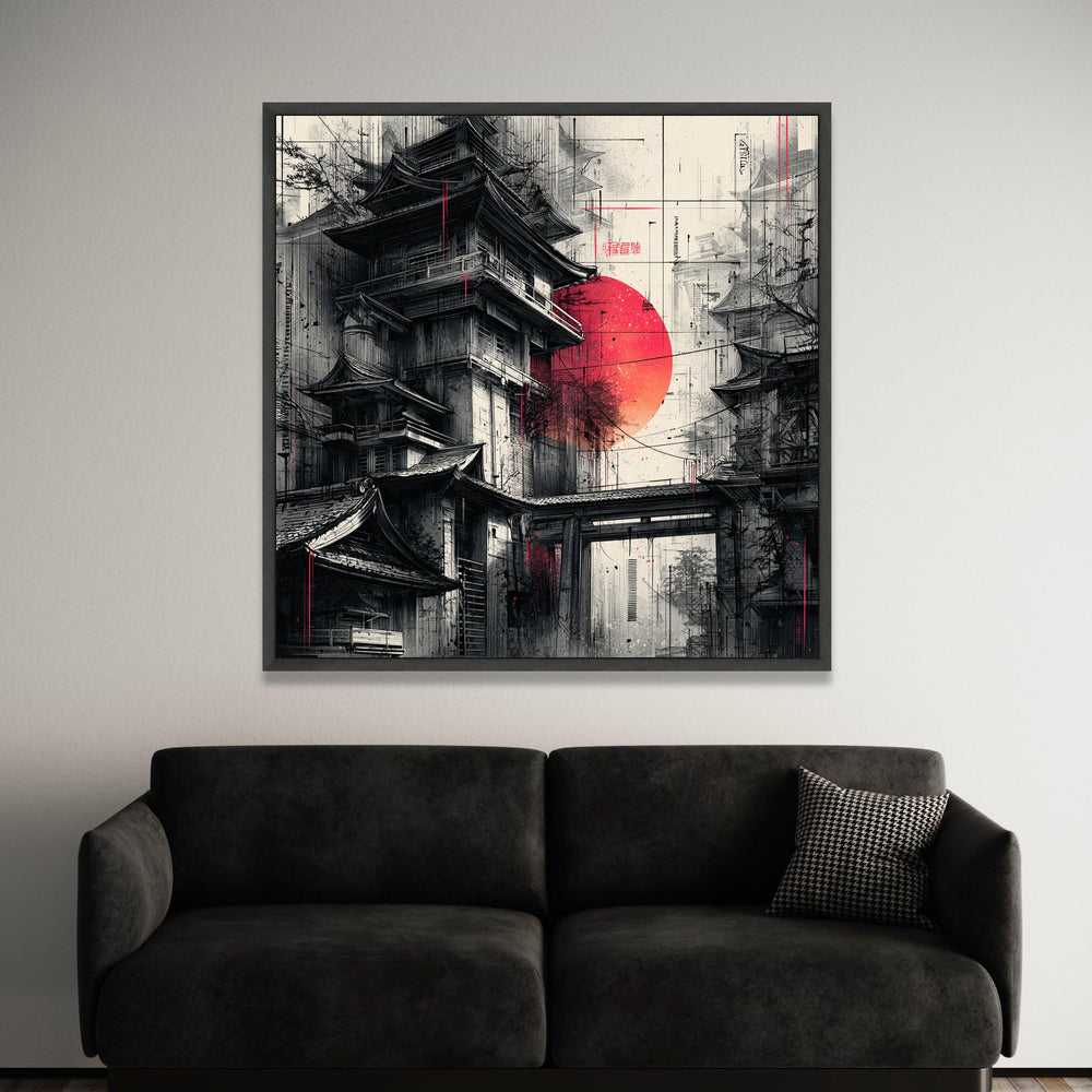 Traditional Japanese Pagoda Canvas, Red Sun Wall Art, Asian Architecture Illustration, Zen Landscape Canvas, Modern Home Luxury Home Decor