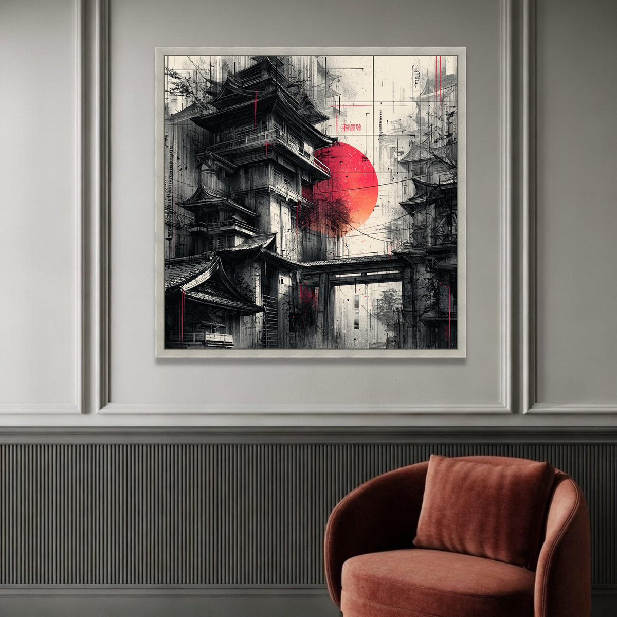 Traditional Japanese Pagoda Canvas, Red Sun Wall Art, Asian Architecture Illustration, Zen Landscape Canvas, Modern Home Luxury Home Decor