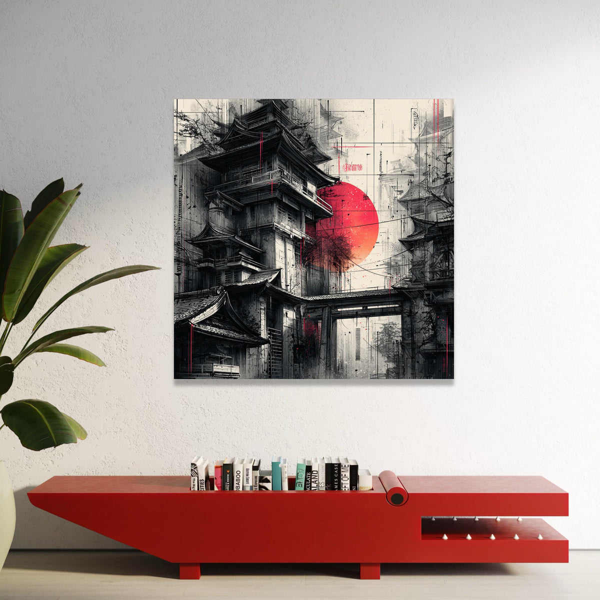 Traditional Japanese Pagoda Canvas, Red Sun Wall Art, Asian Architecture Illustration, Zen Landscape Canvas, Modern Home Luxury Home Decor
