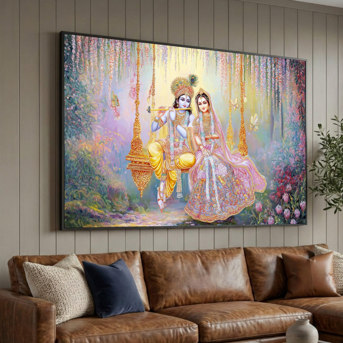 Krishna and Radha on Swing Canvas, Divine Couple Wall Art, Mythical Indian Art, Spiritual Home Décor, Vibrant Floral Luxury Home Decor