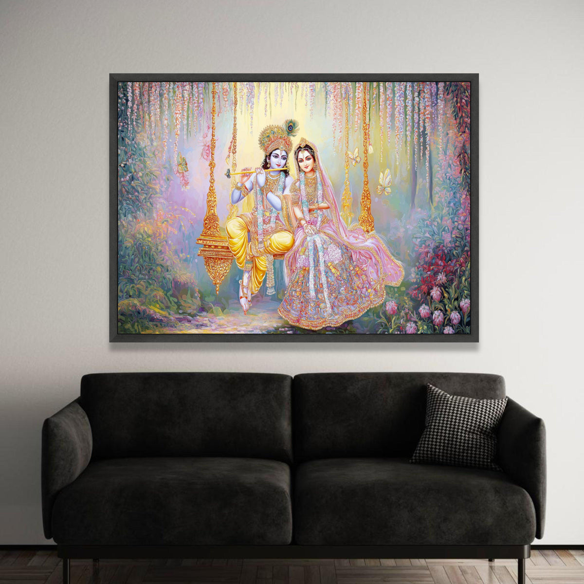 Krishna and Radha on Swing Canvas, Divine Couple Wall Art, Mythical Indian Art, Spiritual Home Décor, Vibrant Floral Luxury Home Decor