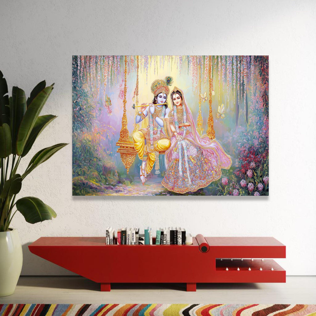 Krishna and Radha on Swing Canvas, Divine Couple Wall Art, Mythical Indian Art, Spiritual Home Décor, Vibrant Floral Luxury Home Decor