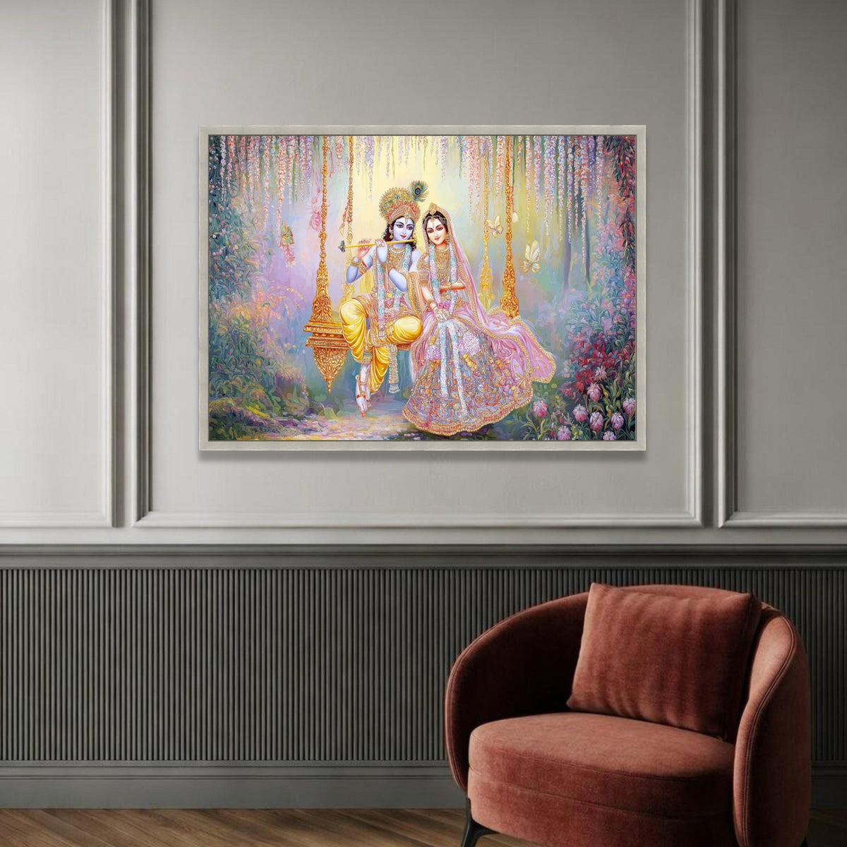 Krishna and Radha on Swing Canvas, Divine Couple Wall Art, Mythical Indian Art, Spiritual Home Décor, Vibrant Floral Luxury Home Decor