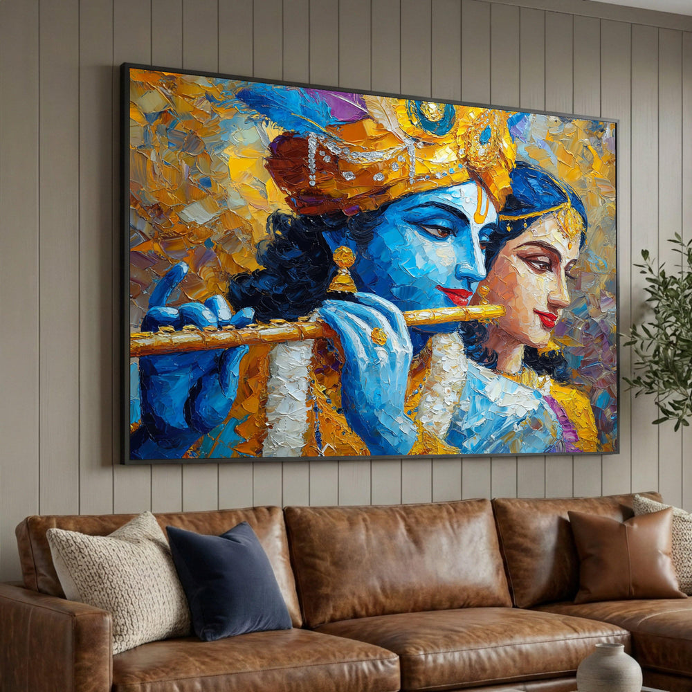 Krishna and Radha Canvas Wall Art, Indian Mythology Painting, Divine Couple Canvas, Spiritual Home Decor, Vibrant Luxury Home Decor