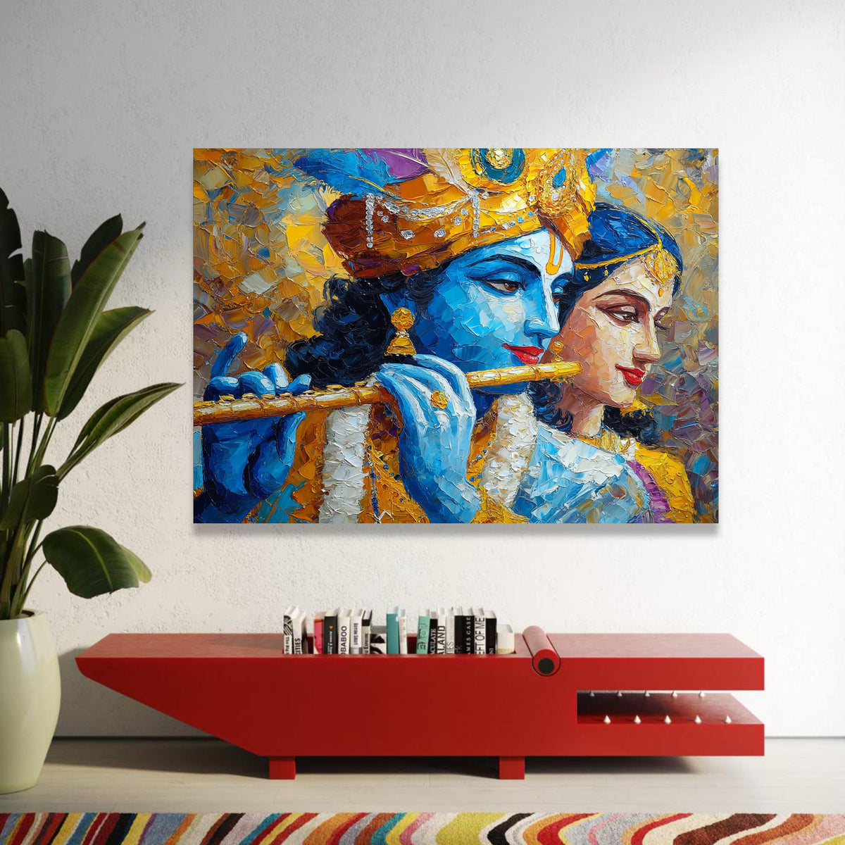 Krishna and Radha Canvas Wall Art, Indian Mythology Painting, Divine Couple Canvas, Spiritual Home Decor, Vibrant Luxury Home Decor