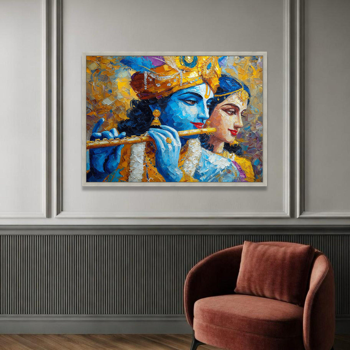 Krishna and Radha Canvas Wall Art, Indian Mythology Painting, Divine Couple Canvas, Spiritual Home Decor, Vibrant Luxury Home Decor