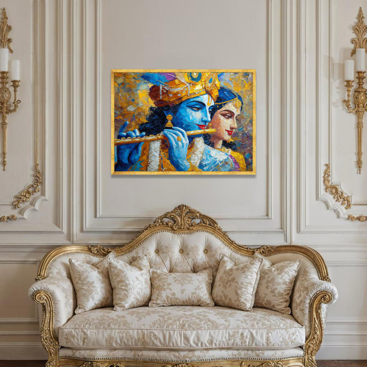 Krishna and Radha Canvas Wall Art, Indian Mythology Painting, Divine Couple Canvas, Spiritual Home Decor, Vibrant Luxury Home Decor