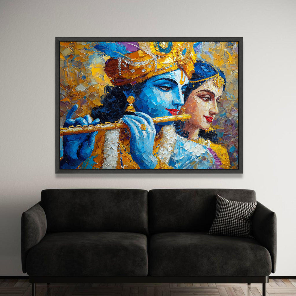 Krishna and Radha Canvas Wall Art, Indian Mythology Painting, Divine Couple Canvas, Spiritual Home Decor, Vibrant Luxury Home Decor