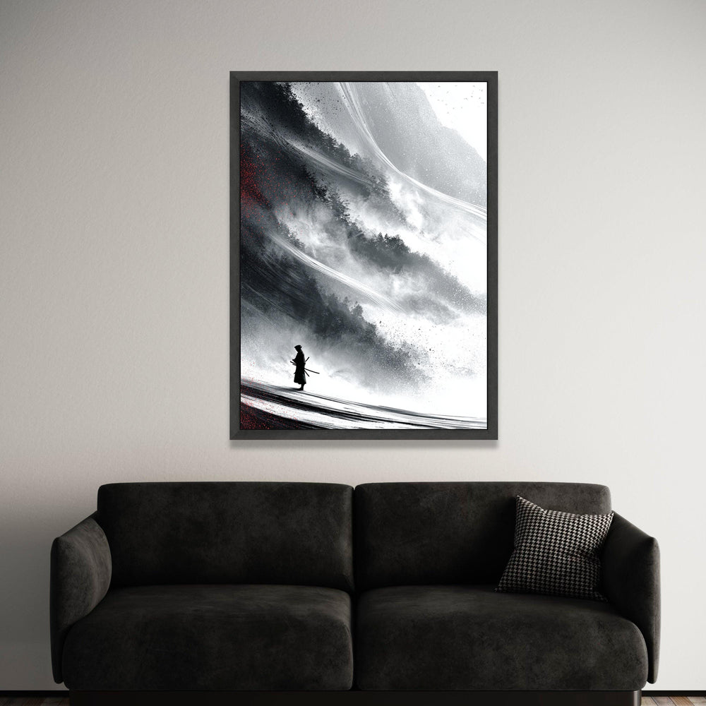 Lone Samurai Silhouette Canvas, Japanese Warrior Art, Misty Forest Landscape, Black and White Wall Decor, Eastern Luxury Home Decor
