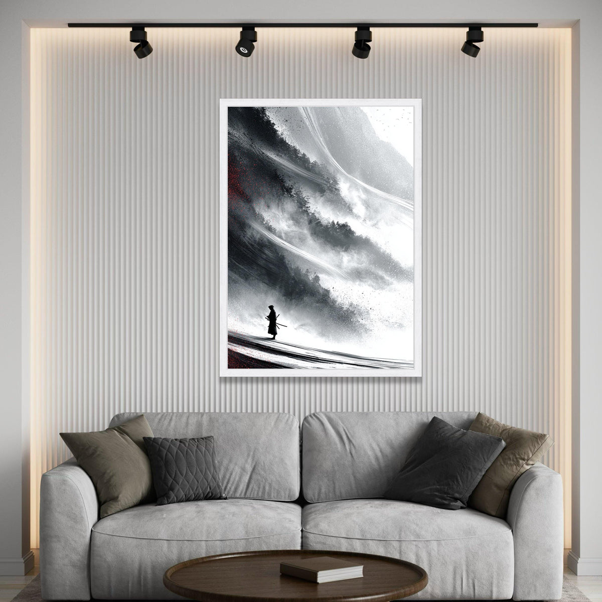 Lone Samurai Silhouette Canvas, Japanese Warrior Art, Misty Forest Landscape, Black and White Wall Decor, Eastern Luxury Home Decor