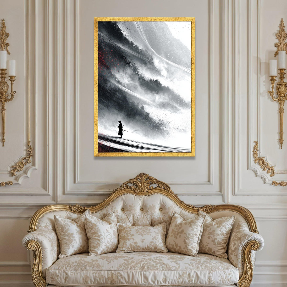 Lone Samurai Silhouette Canvas, Japanese Warrior Art, Misty Forest Landscape, Black and White Wall Decor, Eastern Luxury Home Decor