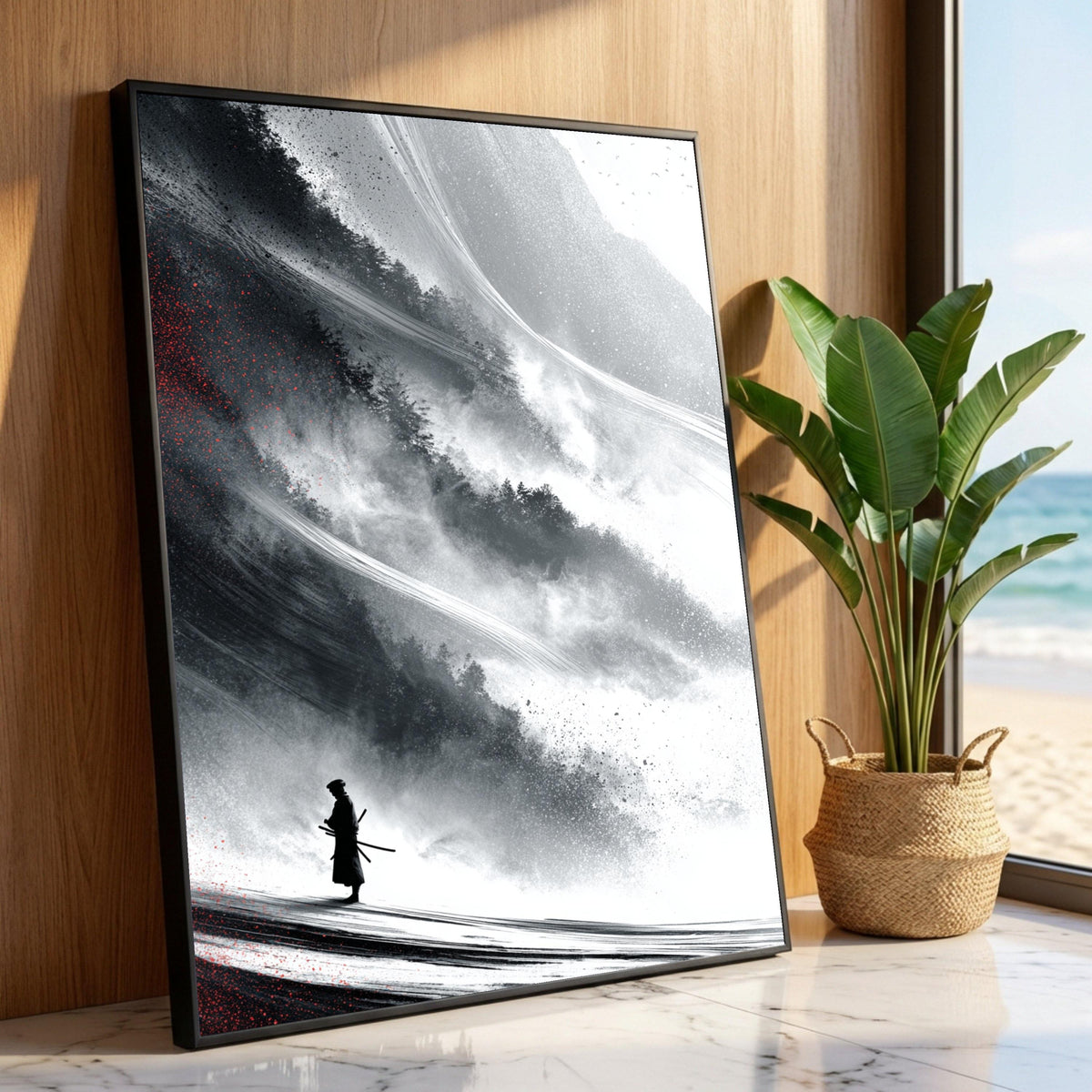 Lone Samurai Silhouette Canvas, Japanese Warrior Art, Misty Forest Landscape, Black and White Wall Decor, Eastern Luxury Home Decor