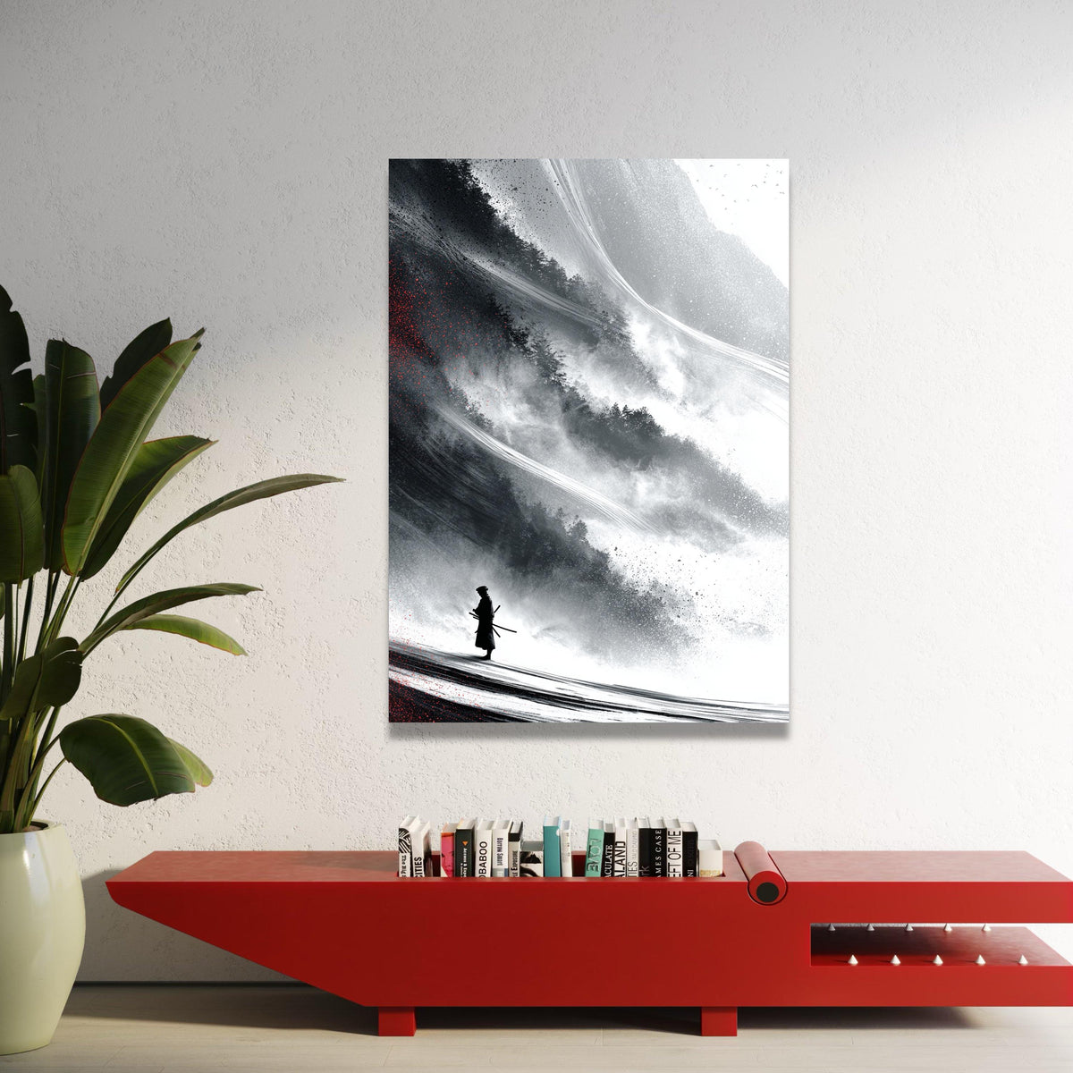 Lone Samurai Silhouette Canvas, Japanese Warrior Art, Misty Forest Landscape, Black and White Wall Decor, Eastern Luxury Home Decor